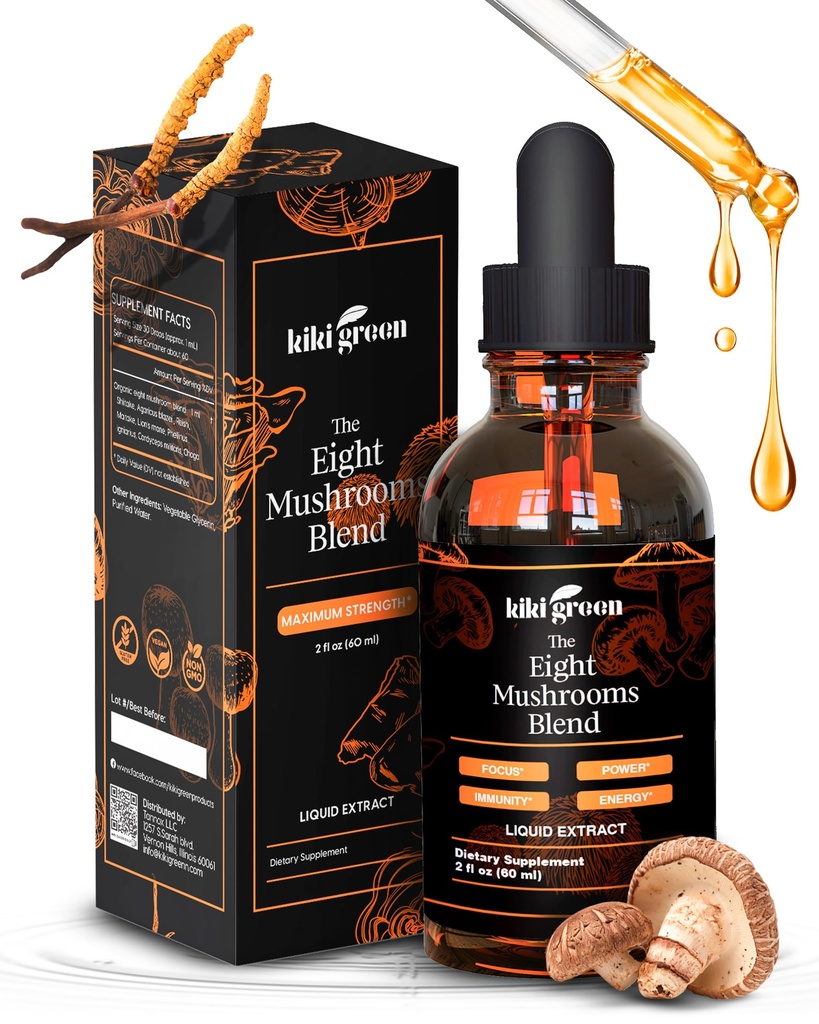Kiki Green 8 Pilze Liquid Extract Drops - Adaptogenic Complex für kognitive Unterstützung, Immunität Boost - Lions Mane Supplement, Cordyceps, Chaga, Reishi, Shiitake, Maitake, Red Reishi