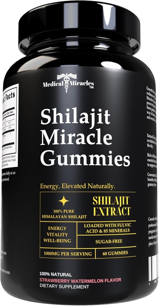 Medico Miracles Shilajit Gummies - 1000mg Estratto di himalayano puro w/acido foulvico, vegano, senza zucchero, alta potenza. Supporto per l'energia e l'immunità con oltre 84 minerali. 60 Deliziosi Gummies