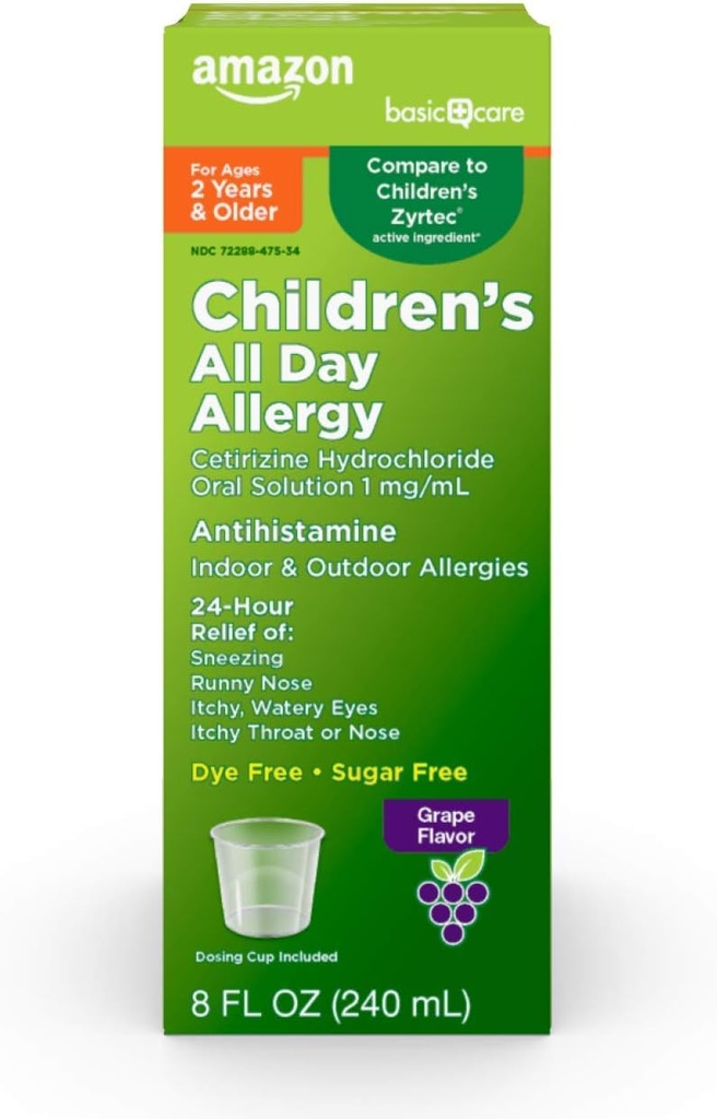 Rilievo di Allergia 24 ore per bambini, Cetirizine Hydrochloride Soluzione Orale 1 mg/mL, Sapore di Uva, Dye Free, 8 fl oz (Pack of 1)