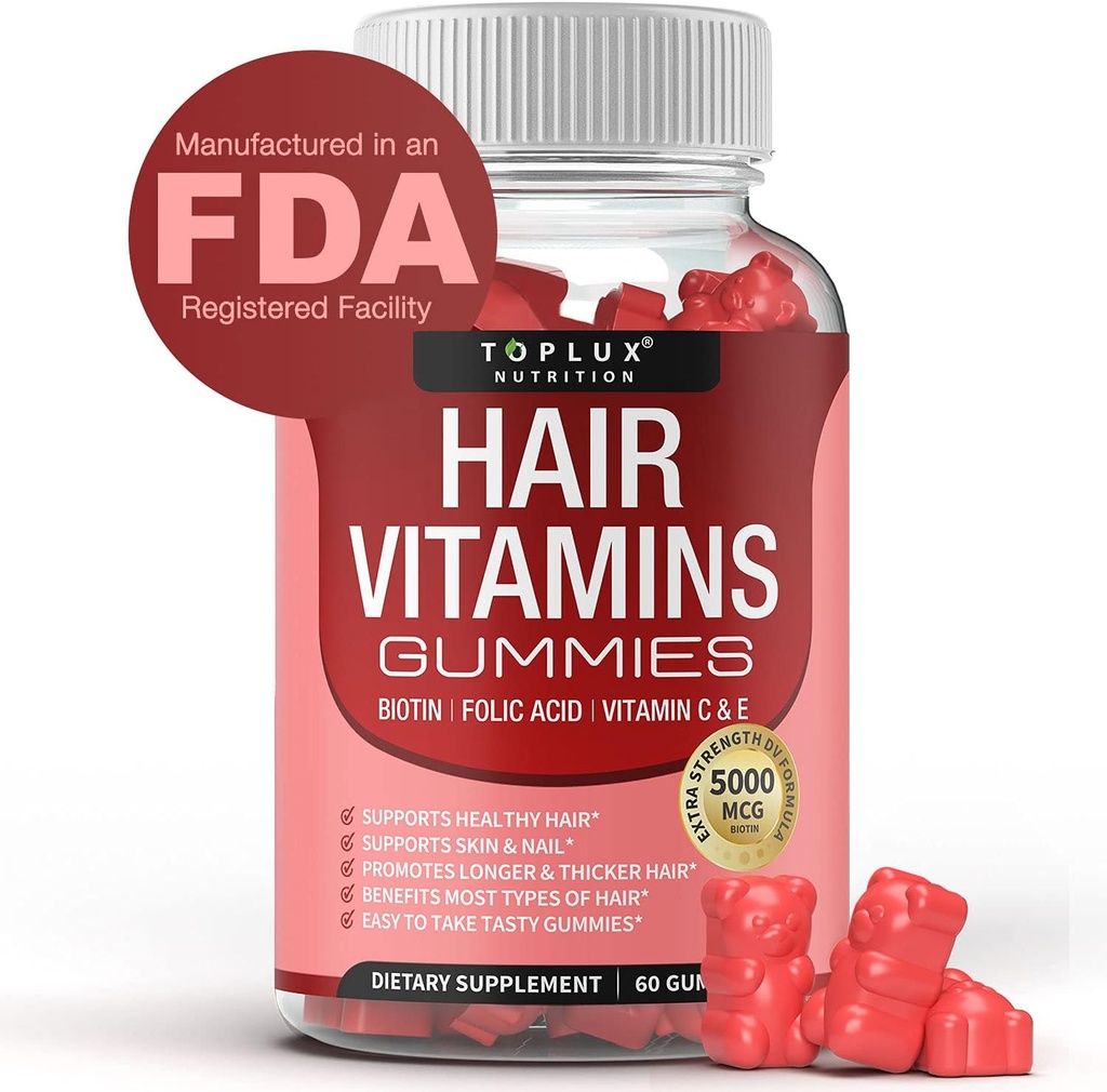 Haar-Vitamin-Gummi-Ergänzung für Frauen und Männer – Haarwachstum Vitamine 5000mcg Biotin-Gummien, Folsäure, Vitamin C & E, Unterstützung Stronger & Thicker Haar, Haut, Nägel, Non-GMO Vegam für, 60 Zähler