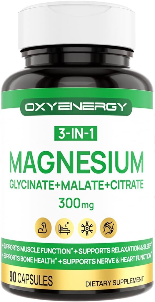 OXYENERGY 3 in 1 Magnesium Complex Supplement, Triple Magnesium Kapseln 300mg mit Glycinat Malat Citrat, Chelat, Vegan, hohe Absorption und Bioverfügbarkeit, 90 Kapseln