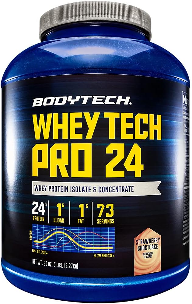 BODYTECH Whey Tech Pro 24 Protein Powder - Protein Enzyme Blend with BCAA's to Fuel Muscle Growth & Recovery, Ideale per la costruzione del muscolo post-allenamento - Corto di fragole (5 Pound)