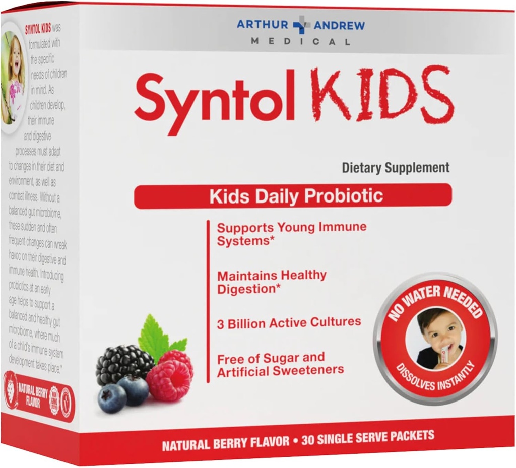 Arthur Andrew Medical, Syntol Kids, Tägliche probiotische Ergänzung für Verdauungs- und junge Immunsysteme, keine Zucker oder künstliche Süßungsmittel, Berry Flavor, Vegan, 30 Sachets