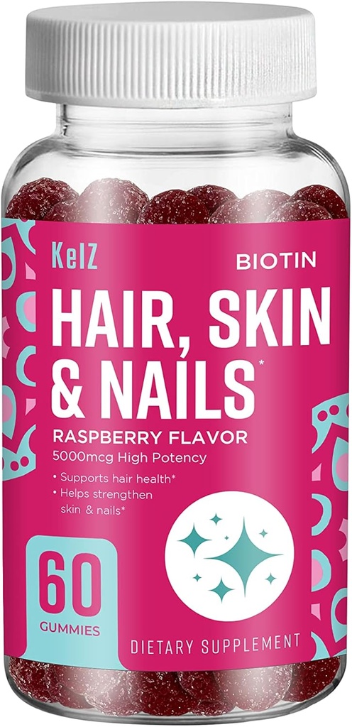 KelZ Biotin Hair, Skin & Nails Supplement Gummies, Raspberry Flavor, 60 Conte (Pack of 1)