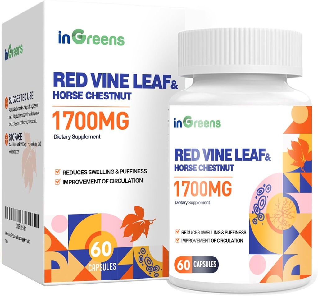 Roter Wein Blatt Extrakt 1700mg & Pferde-Kastanienextrakt Ergänzungen, unterstützt Erzgang, Hautgesundheit, Zirkulation für Beine(1Pack)