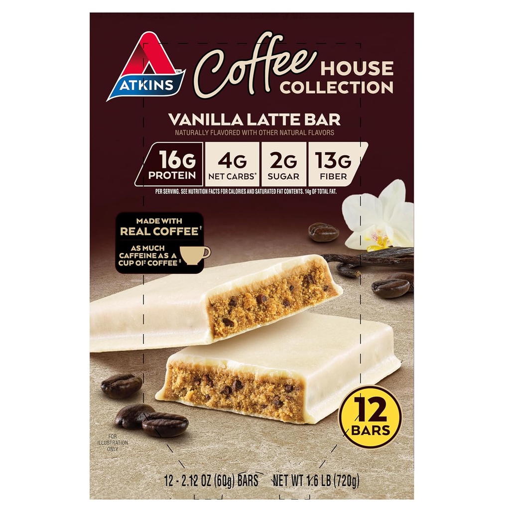 Atkins Coffee House Collection Vanilla Latte Bar, 16g Protein, 2g Zucker, 4g Net Carbs, 13g Fiber, 12 Count