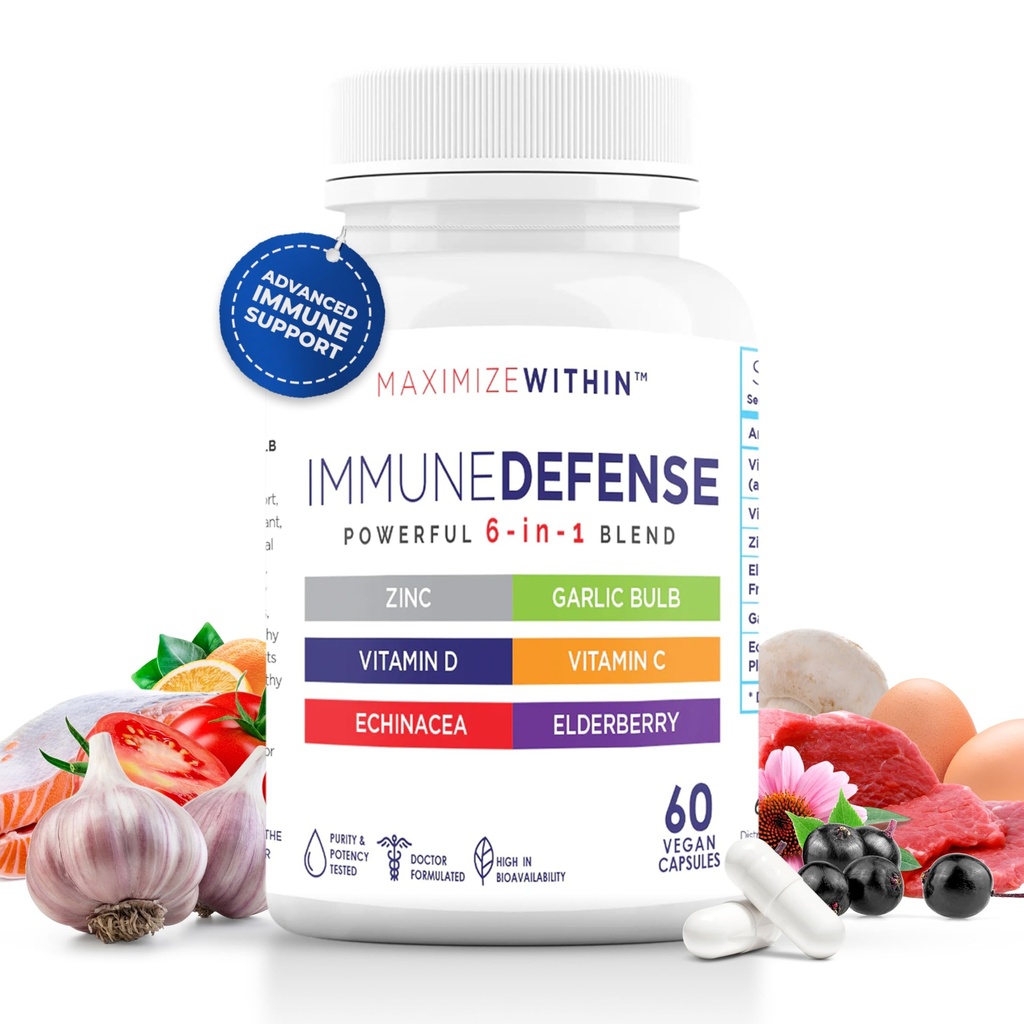 Supplément de soutien immunitaire 6-en-1 puissant avec zinc, vitamine C, sureau, vitamine D, échinacée et ail, compte 60