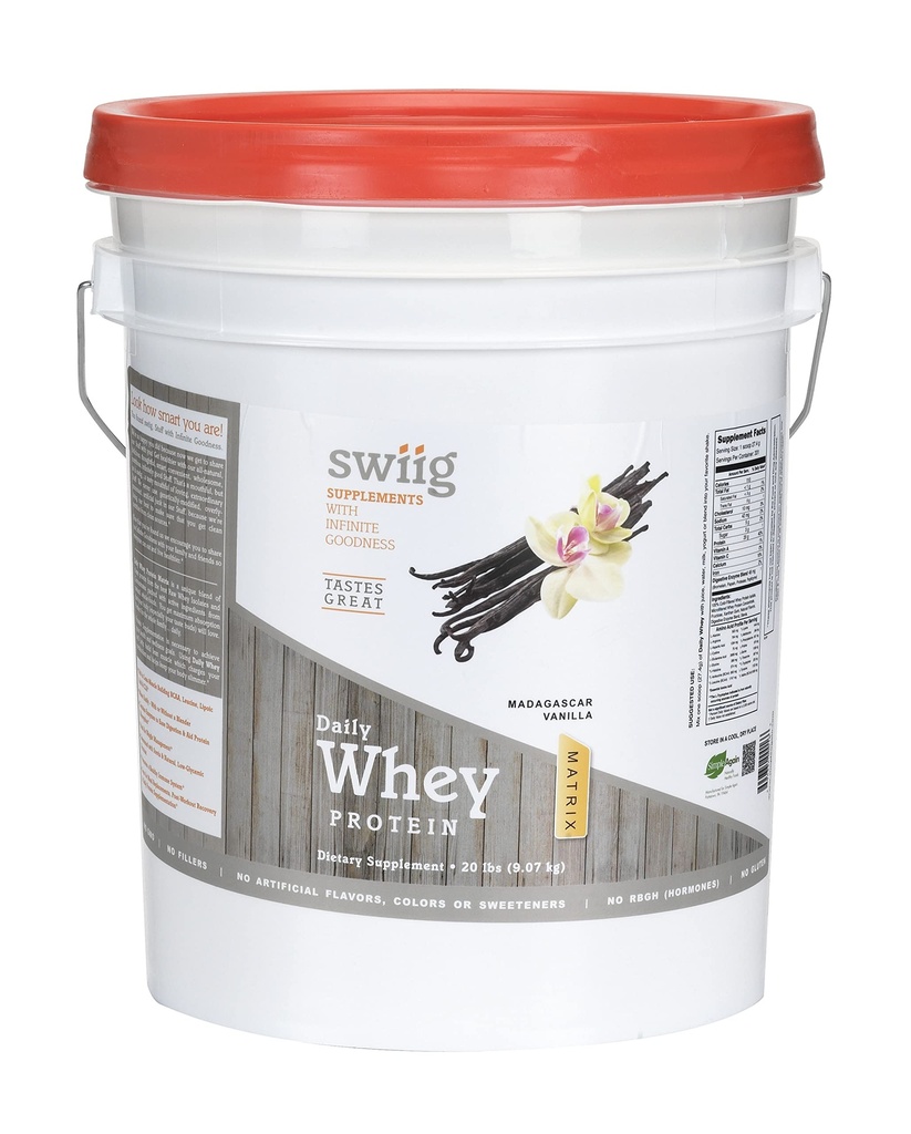 swiig Premium Matrix quotidien de lactosérum, Vanille 20lb – 20g de protéines par portion avec des acides aminés pour la récupération musculaire – sans gluten, sans OGM, sans remplissage, sans arômes artificiels