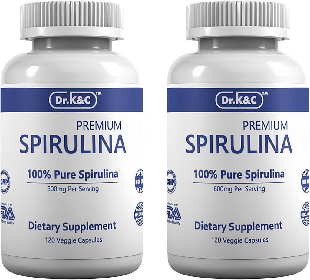 Dr.K&C Organic Spirulina Superfood Supplement – Pure Natural Blue Green Microalgae 600 mg 240 Veggie Kapseln Gesundheit Immunsystem Antioxidantien Protein Fiber No Filler Non GMO Vegan 2pk