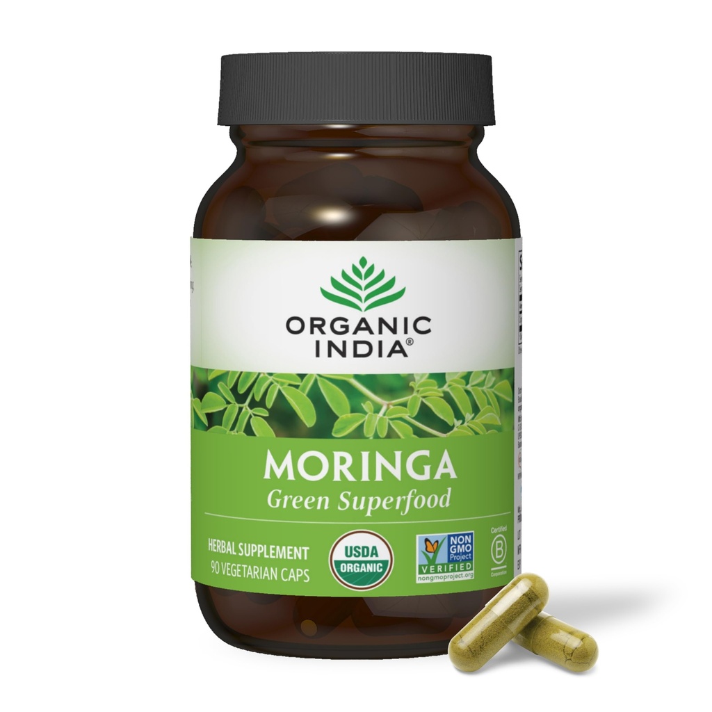 ORGANIQUE INDIA Moringa Capsules Organic - Moringa Supplément - Green Superfood, Moringa Leaf Capsules, Pure Supergreen, Vegan Greens, Multivitamine de la nature, Vegan, Sans gluten - 90 Capsules