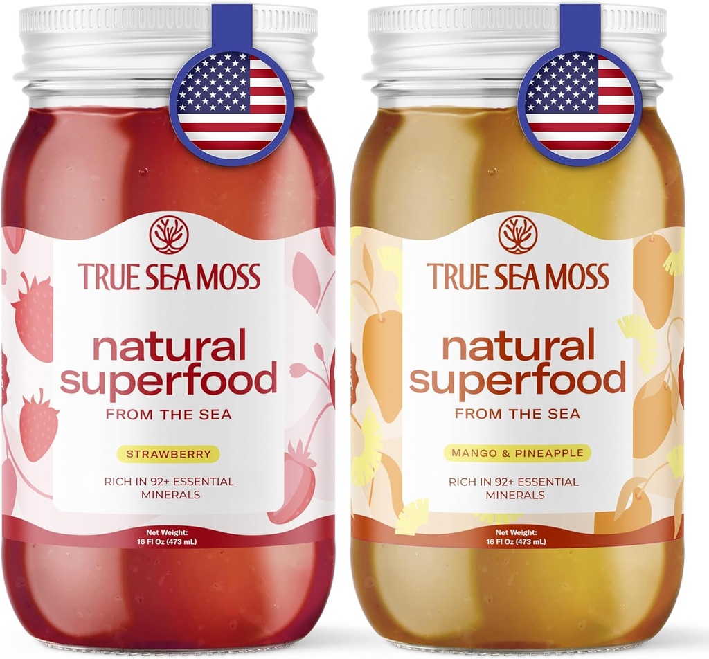 TrueSeaMoss Wildcrafted Irish Sea Moss Gel Mango and Strawberry Bundle Organic Raw Seamoss Rich in Mineralien, Proteine & Vitamine