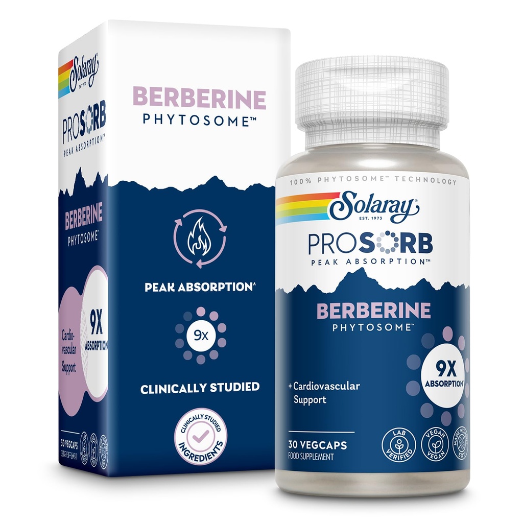 SOLARAY Berberine Phytosome - 9X Assorbimento e Easy-to-Digest - Standardizzato al 30% Berberina HCl - Vegan, Made Without Soy - 60-Day Garanzia - 30 Serve, 30 VegCaps