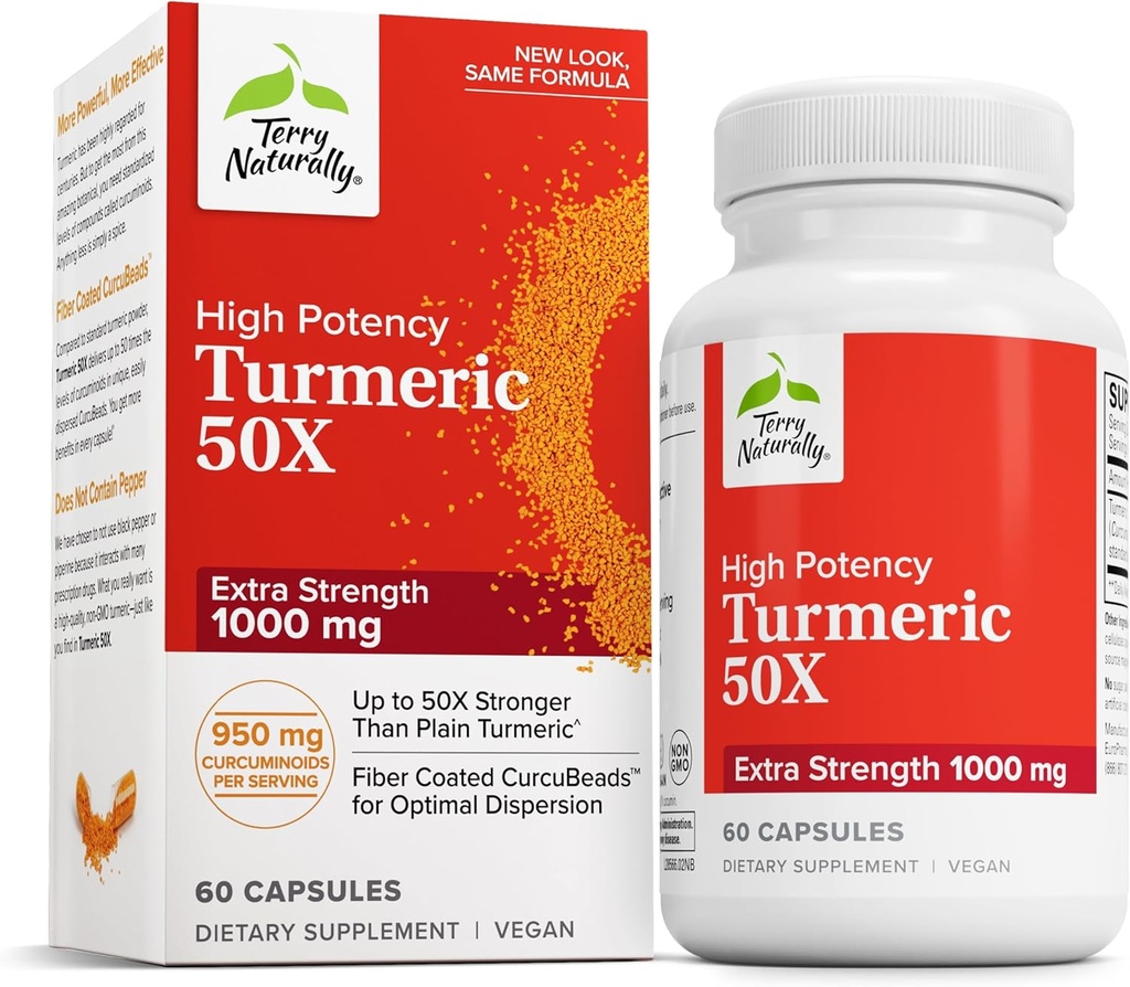 Terry Natürlich Turmeric 50X - Nahrungsergänzungsmittel für Gehirn & Herz-Gesundheitsunterstützung - extra Stärke Kurkuma zur Unterstützung Immungesundheit - Non-GMO Supplement - 60 Kapseln