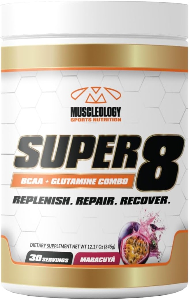 MUSCLÉOLOGIE Super 8 Formule de mélange d'électrolyte et de glutamine BCAA haute performance - Supplément de récupération après l'entraînement et de construction musculaire, 30 portions (Maracuya)