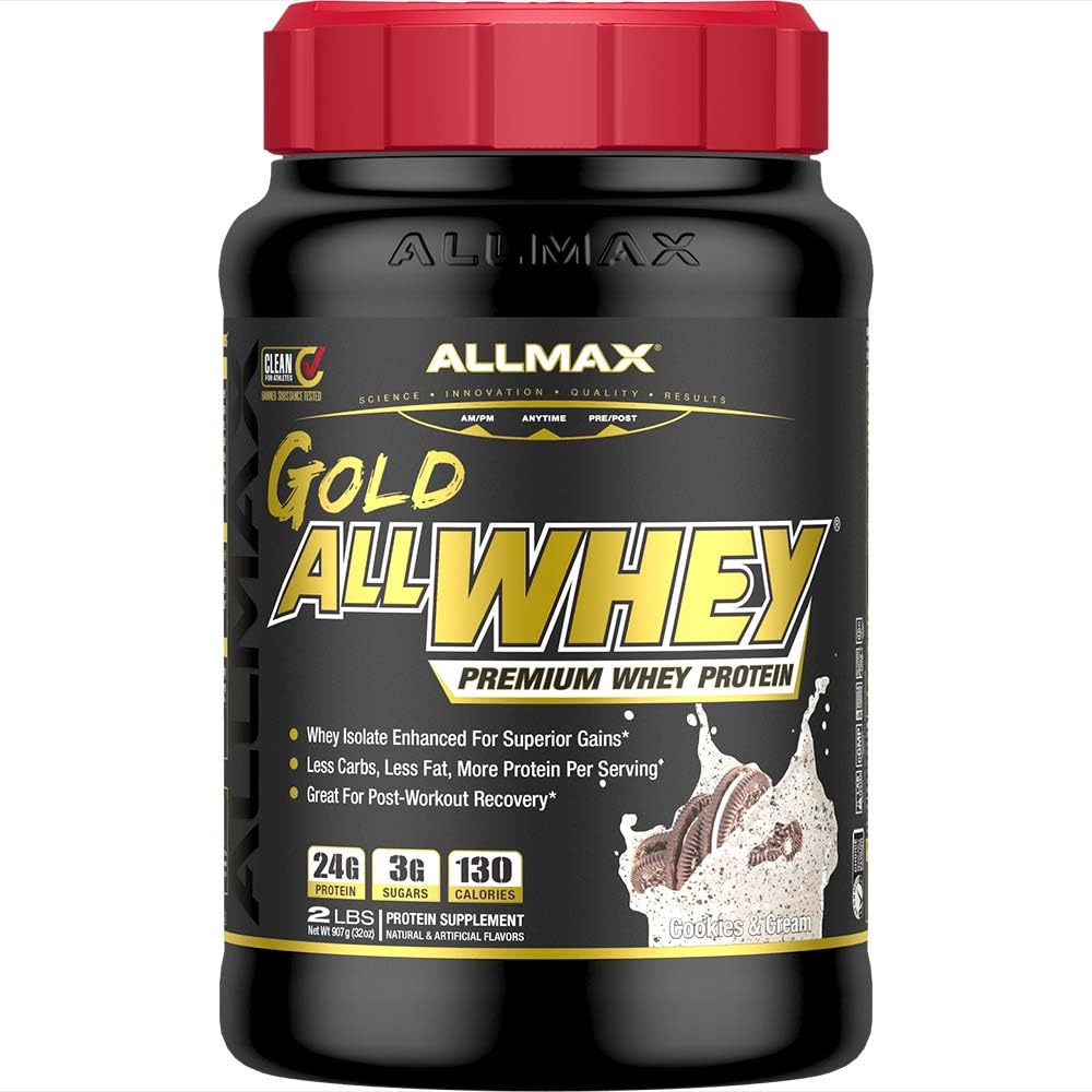 ALLMAX Nutrition Gold ALLWHEY, Cookies & Cream - 2 lb - 24 Grammi di Proteine Per Scoop - Gluten Free, Low Carb & Low Sugar - Circa 30 Serve