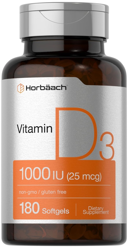 Horbäach Vitamine D3 1000UI (25mcg) Softgels (180 Count) Formule de haute puissance (non-OGM et supplément sans gluten)