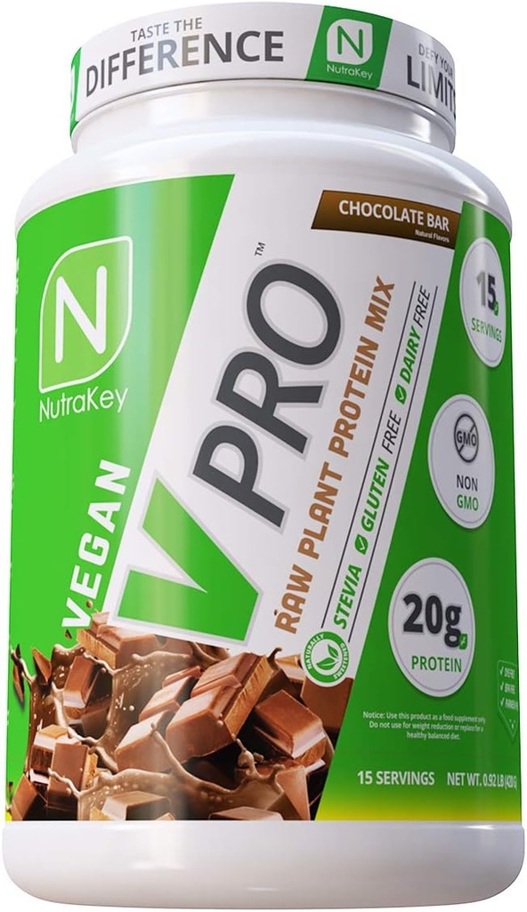 NutraKey V-Pro, Raw Plant Protein Powder, Organic, Vegan, Low Carb, Glutenfrei mit 20g Protein (Chocolate) 2-Pound
