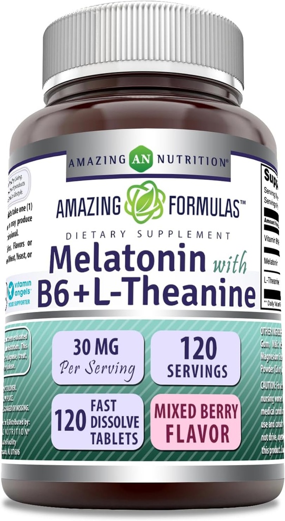Stupefacente Formulas Melatonina con vitamina B6 + L-teanina Supplemento | 30 Mg Per Serving | Misto sapore di bacche | 120 compresse | Non OGM | Gluten Free | Made in USA