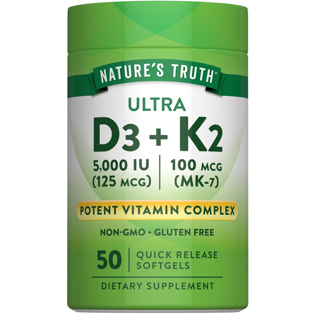 La vérité de la nature Complexe de vitamine K2 MK7 100 mcg de 50 softgels avec supplément sans OGM et sans gluten