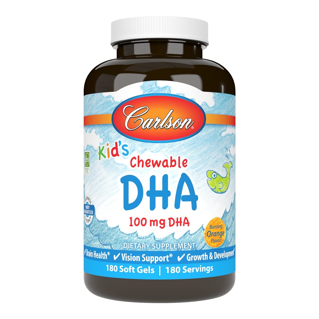 Carlson - DHA masticabile per bambini, 100 mg DHA, salute del cervello, funzione di visione, crescita e sviluppo, arancione, 180 Softgels masticabili