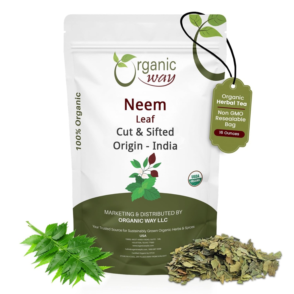 Organic Way Neem Blatt Schnitt und gesichtet | Kräutertee | Premium Neem Blatt | USDA Zertifiziert | Non GMO & Gluten Free | Origin - Indien (16 oz - 1 lbs)