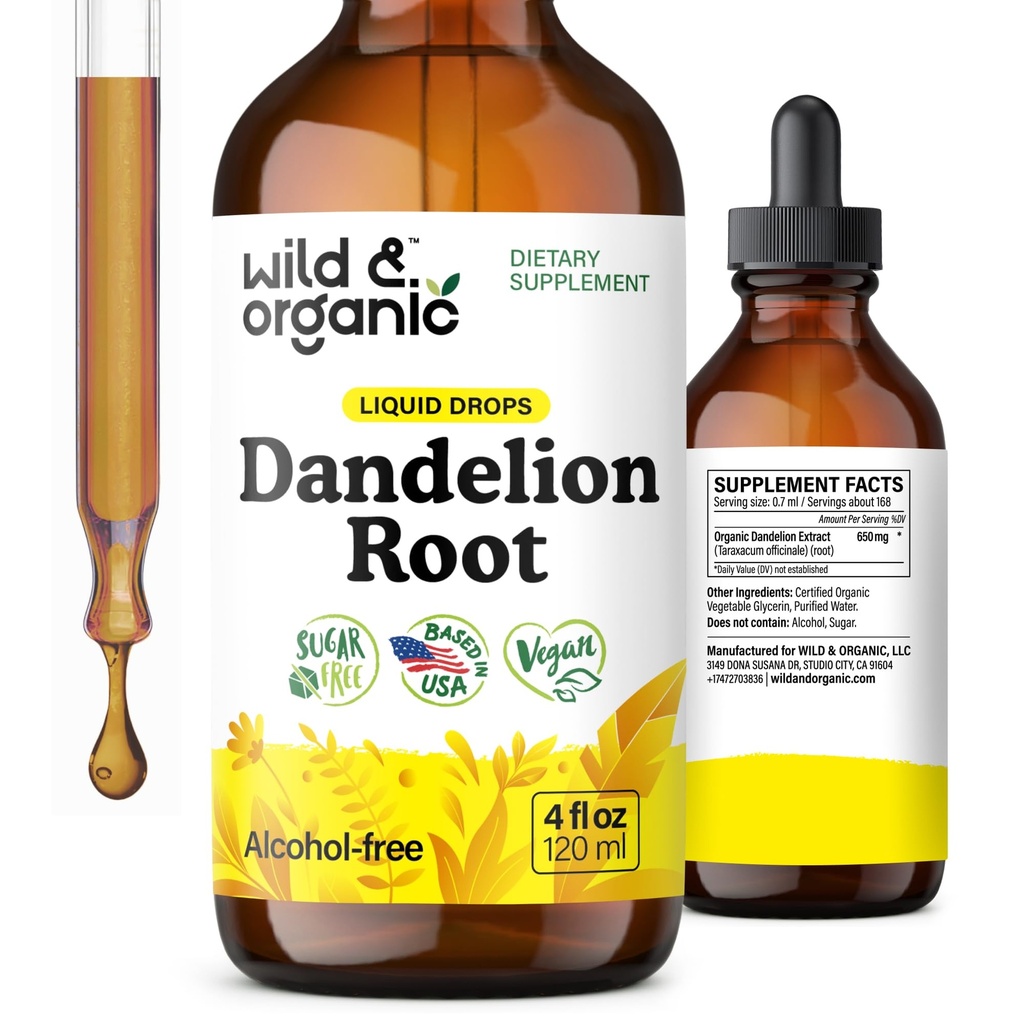 Gocce di estratto di radice di dadelione selvatica e organica - Supporto di detox per la pulizia del fegato - Integratore liquido senza zucchero e alcol - 4 fl oz