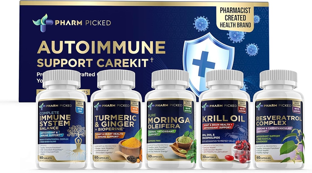 PHARM PICKED Autoimmune Support CareKit – 5 Supplement Bundle + Printed Self-Care Guide – Immun Balance, Resveratrol, Moringa, Krill Oil, Turmeric & Ginger – Non-GMO, Trusted by Pharmacists