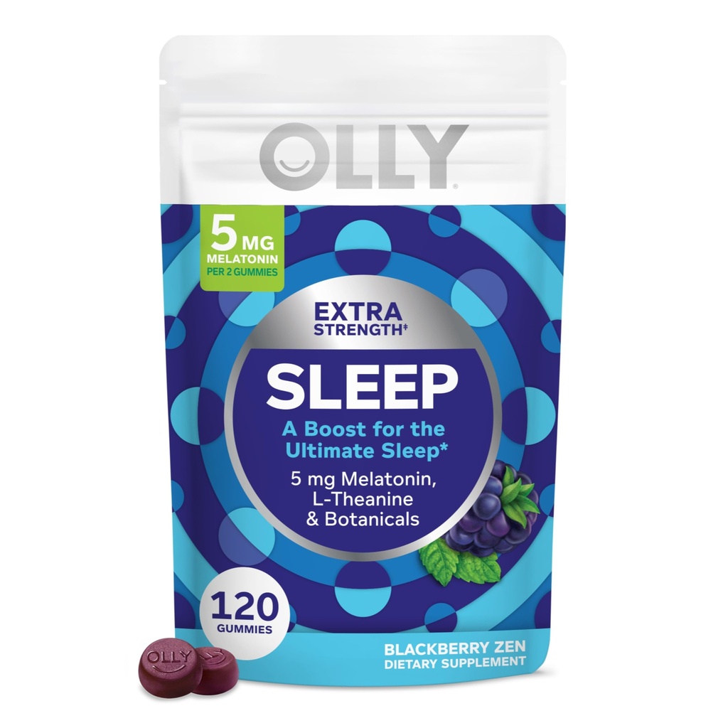 OLLY Extra Strength Sleep Gummy, 5 mg Melatonin, L-Theanin, Kamille, Zitronenbalsam Extrakte, Schlafhilfe, BlackBerry Flavor - 120 Count