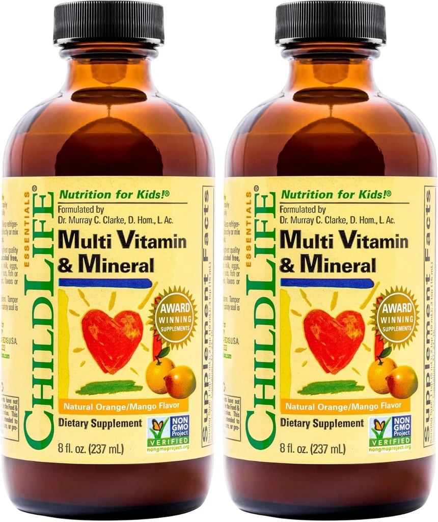 CHILDLIFE ESSENTIALS, Kids Liquid Multivitamin und Mineral Supplement - Flüssige Vitamine für Kinder, All-Natural, Glutenfrei, Non-GMO - Natürliche Orange & Mango Flavor, 8 Unze Flasche (Pack von 2)