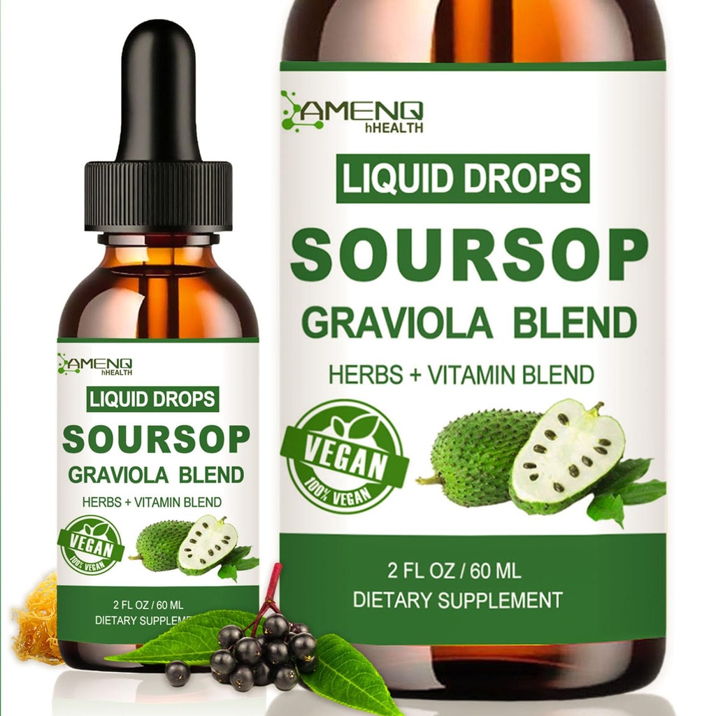 Soursop Graviola Flüssigkeitstropfen, Organische Soursop Blätter Extrakt w/Sea Moss, Elderberry Vitamin C und Zink, 16-in-1 Soursop Bitters Flüssigkeit für Zellunterstützung, Antioxidans und Immununterstützung 2 Fl/Oz