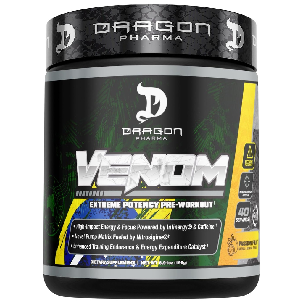 DRAGON PHARMA Venom Extreme Potency Pre-Workout, Laser Sharp Focus + Energy, Intense Performance, Ingrédients éprouvés pour la vasodilatation et l'endurance améliorées (40 portions, fruits de la passion)
