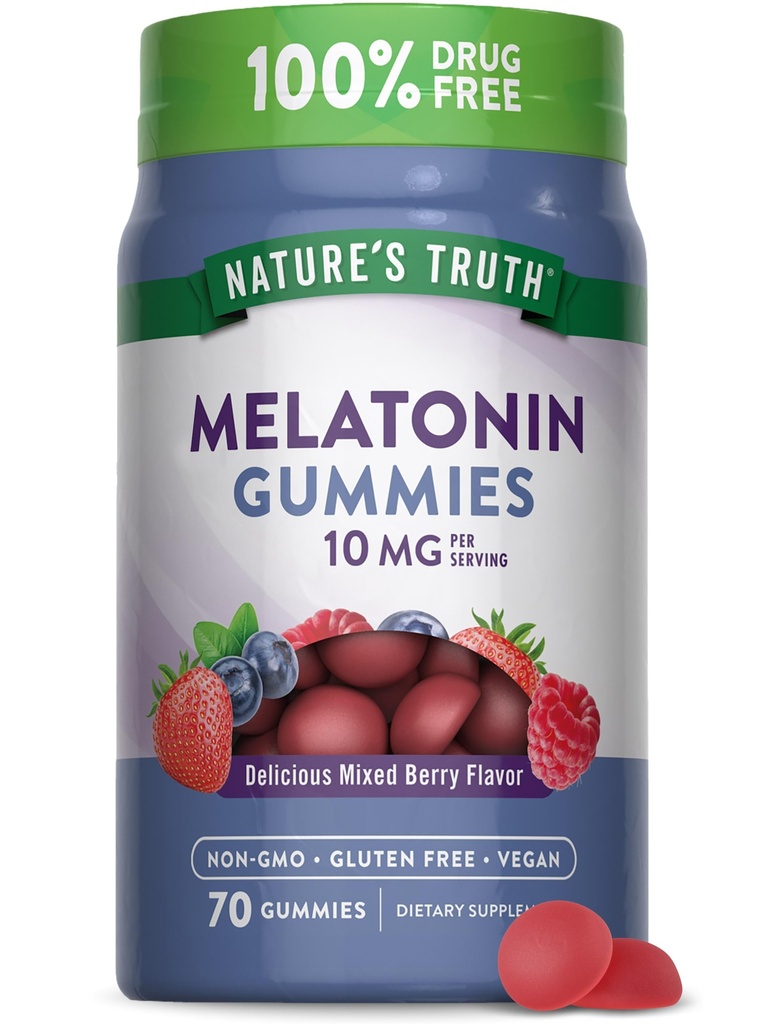 La vérité de la nature Melatonine 10mg Gummies.com 70 Comte.com Berry Flavor.com Vegan, non-OGM, et supplément sans gluten