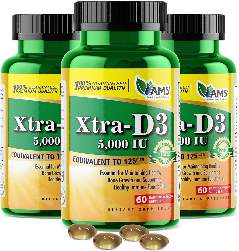 Amerika Medic & Science Xtra D3 Vitamin D 5.000 IU (125 mcg)Cholecalciferol Supplement für Männer & Frauen(180Easy to Swallow Softgels) 3pack|Best für Knochen,Herzgesundheit,Immune Systemunterstützung,Lung Funktion