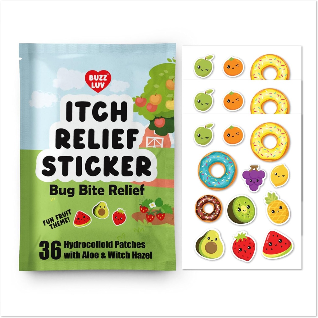 Hydrocolloid Itch Relief Patch, für Moskitos, Ticks, Midges, Sandflies Bug Biss Relief, Anti-Itch Patch mit Aloe und Hexenhazel, Insekten Biss Relief, Kid-Friendly, Natural Fruit Theme