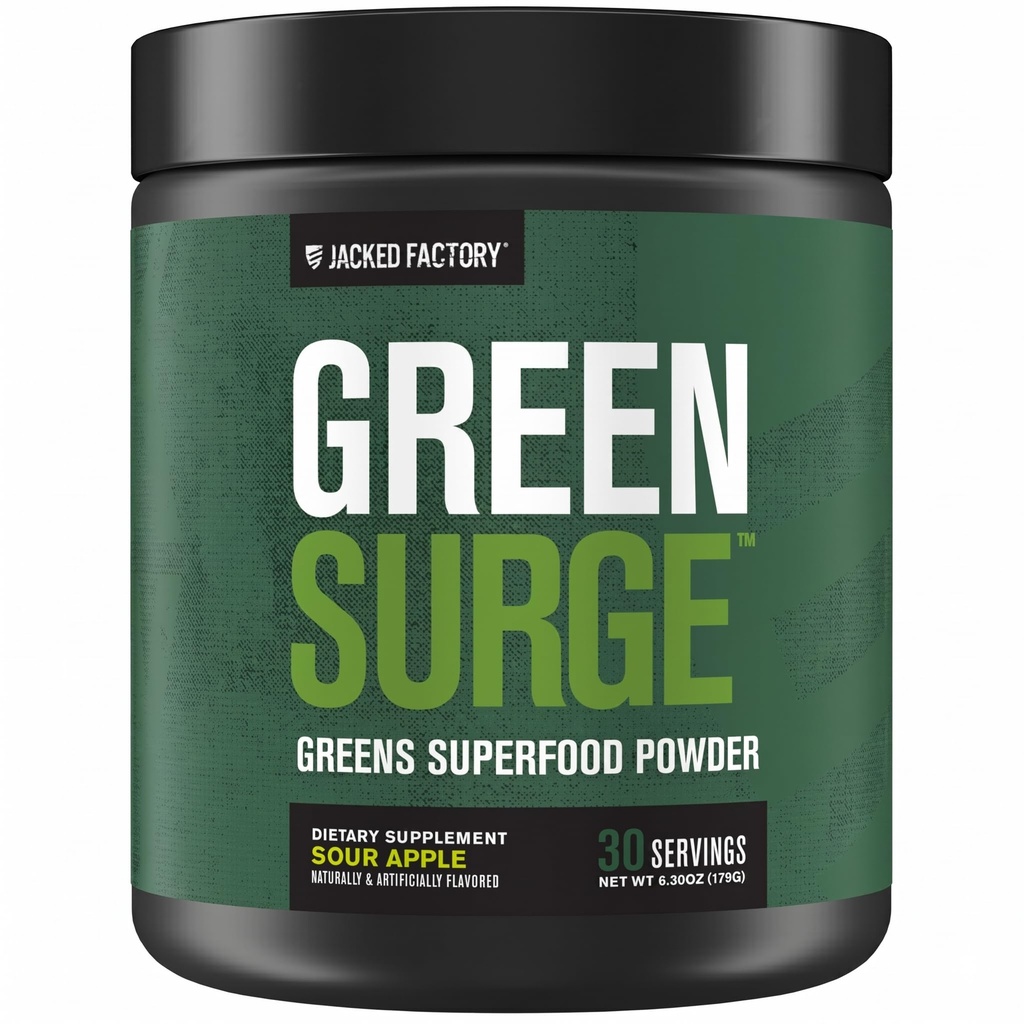 Jacked Factory Green Surge Green Superfood Powder- Keto Friendly Greens Drink w/Spirulina, Wheat & Barley Grass, Organic Greens - Green Tea Extract, Probiotics & Digestive Enzyme - Sour Apple
