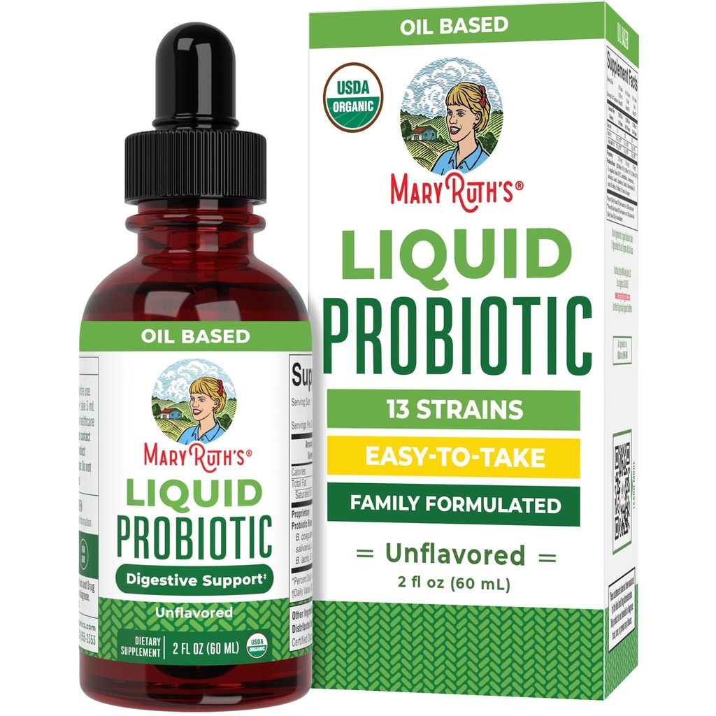 MARYRUTH'S Organics Liquid Probiotic for Ages 4+ | 2 Billion CFU | 13 Probiotic Strains | Gut Health & Digestive Support | Gas & Bloating Support | Vegan | Gluten Free | Travel-Friendly | 20 Servings