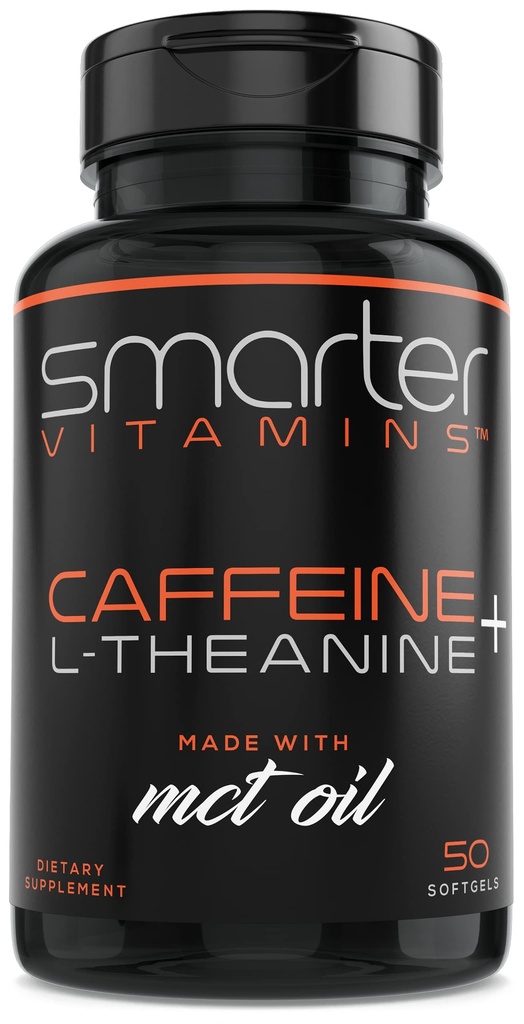 SmarterVitamins 200 mg Pillole di caffeina - MCT Olio da cocco 100% + 100 mg L-teanina, energia e messa a fuoco, Extended Release Capsule, 50 Liquid Softgels