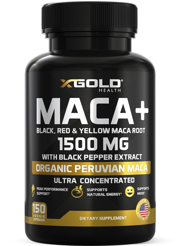X Gold Health Bio Maca Root Pulver Kapseln 1500mg mit Schwarz | Rot & Gelb Peruvian Maca Root Extract Gelatinisiert, Energie & Stimmung Ergänzung für Männer & Frauen + Schwarz Pfeffer für beste Vorteile