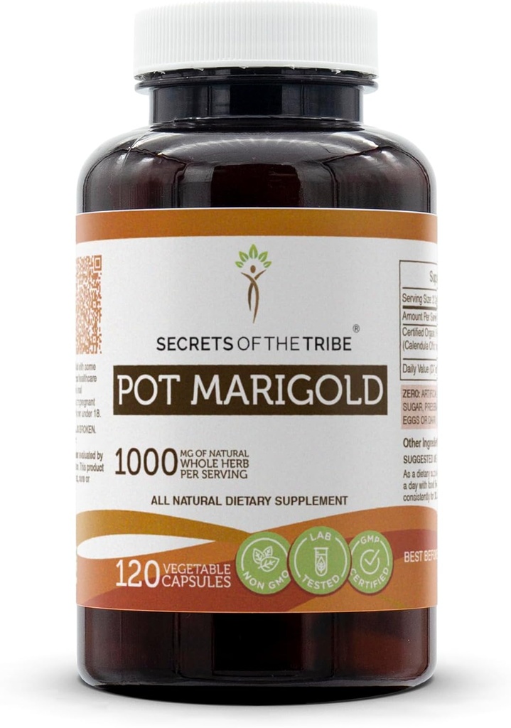 Secrets de la Tribe Pot Marigold 120 Capsules, 1000 mg, Pot Marigold (Calendula Officinalis) Fleur séchée (120 Capsules)