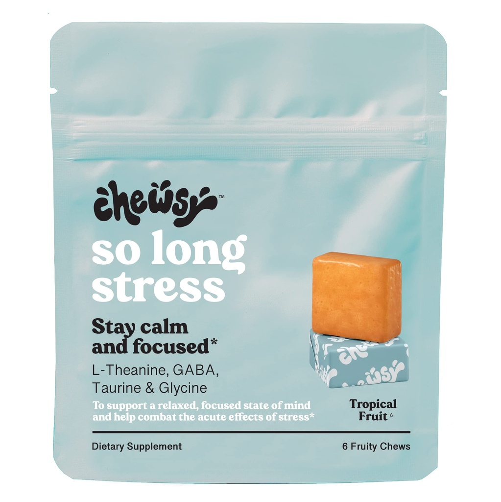 Chewsy Si Long Stress, Calme Fruité Chews, Restez calme et concentré. w/L-théanine, acide amino, GABA, Glycine, Tyrosine, Taurine et Magnésium. Non-OGM et sans gluten. Noix de fruits tropicaux, 6 jours d'approvisionnement