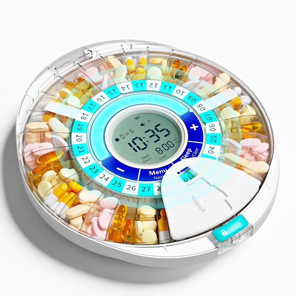 Dispenser automatico di pillole aggiornato per anziani con allarme: Dispenser di pillole intelligenti con LCD 28-Slot, Mix-Proof Tech & XL, Maggiore durata per la gestione della medicina quotidiana