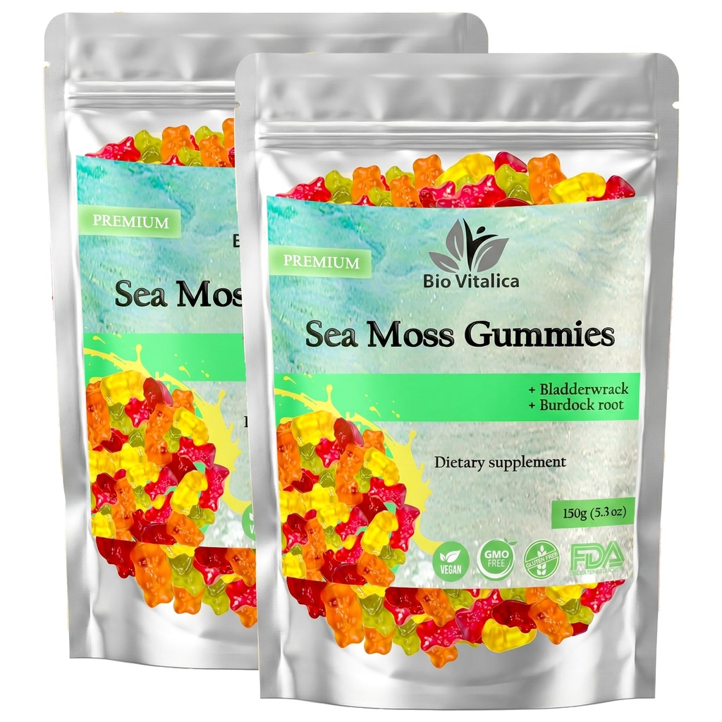 Sea Moss Gummies – with Bladderwrack & Burdock Root – Wildcrafted Gel + Powder – Vegan, Keto, Non-GMO, Gluten-Free – Fruity Mineral-Rich Gummies – 50 Count (2 Pack)