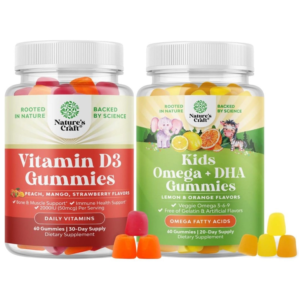 Bundle di vitamina D3 Gummies per il benessere quotidiano con 2000IU per la dose di Bone muscolare e supporto immunitario e bambini DHA Omega 3 Gummies - acidi grassi Omega 3 6 9 per il cervello, resistenza immunitaria e visione