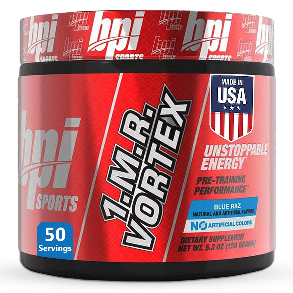 BPI Sports 1.M.R Vortex Pre Workout Polvere – Alta pre-allenamento per uomini e donne con glicerolo, caffeina, niacina e erbe estratti – Energia, Focus & Endurance – Blu Raz Flavor – 50 Serve