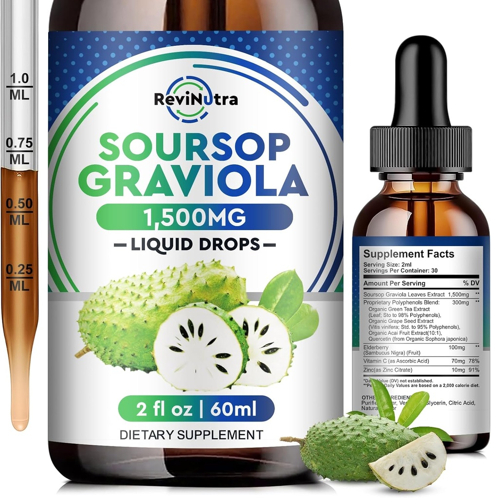 Soursop Graviola Liquid Drops - 8 in 1 estratto di Soursop Organico con Elderberry, Quercetin, Soursop Bitters Liquid Supplementi per Boost Immune, Olio di Soursop Olio di Graviola Tincture, 2 Fl Oz