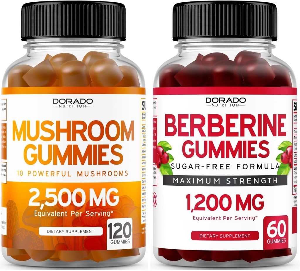 Mushroom Gummies (120 Gummis) Focus & Brain Mushroom Supplement und Berberine mit Ceylon Cinnamon (60 Count) Premium Sugar-Free Supplement für Erwachsene - Third-Party getestet, Non-GMO & Made in USA