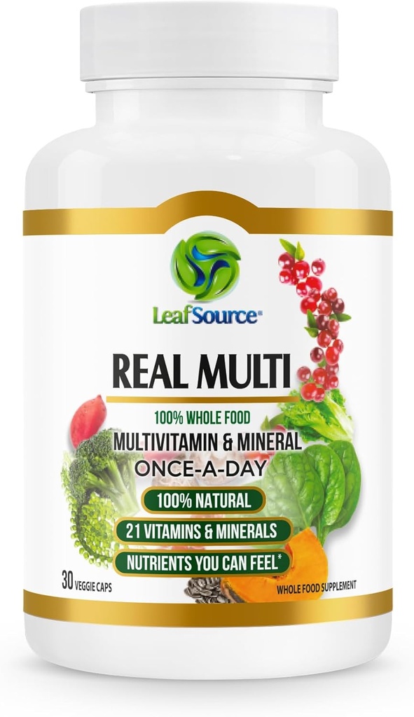 LEAFSOURCE Real Multi, Multivitamin Integratore Alimentare Intero - 21 Vitamine & Minerali Fatto da Cibo Reale. Vegan, Nutrienti Basati sulle Piante Fatto da Frutti Reali Veggies & Whole Foods (30 vcap)