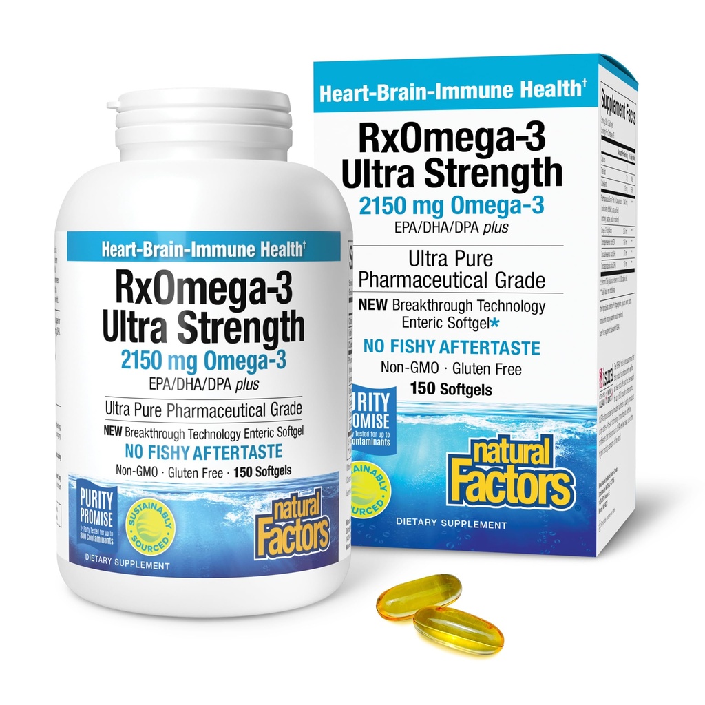 Natürliche Faktoren RxOmega-3 Ultra Strength - Nahrungsergänzungsmittel für Gehirn- und Herzgesundheitsunterstützung - Augengesundheitsergänzung mit EPA & DHA - Ergänzung mit Omega-3 Fettsäuren - 150 Softgels (75 Portionen)