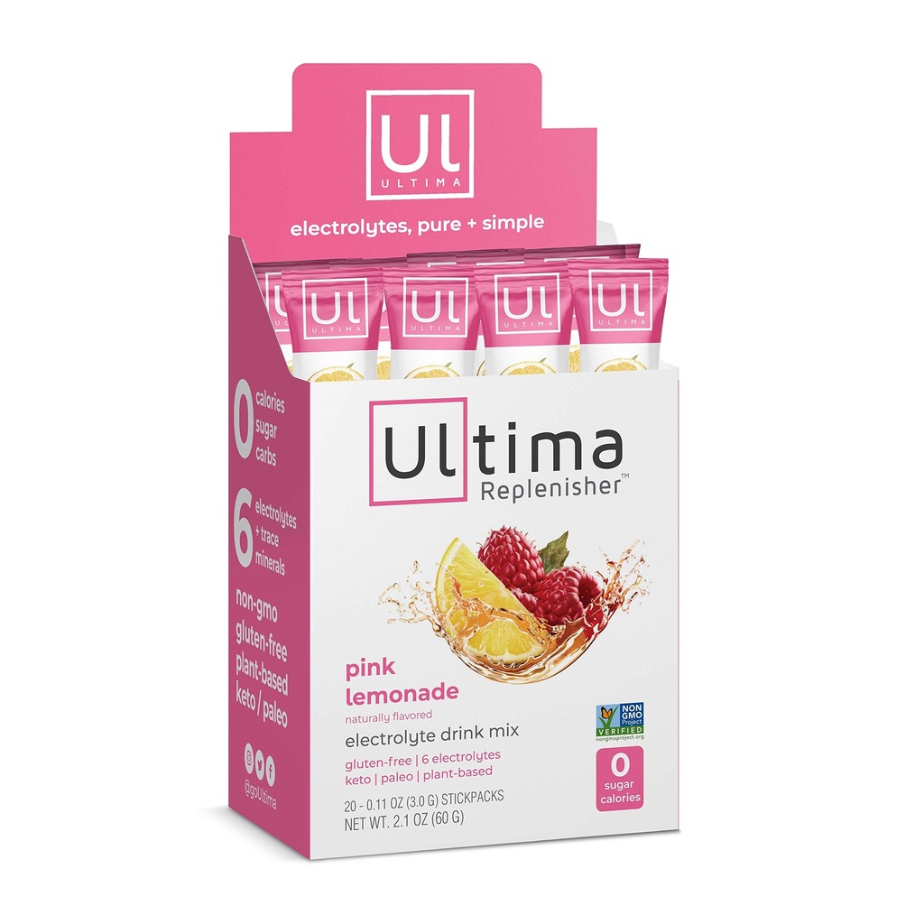 Ultima Replenisher Electrolyte Hydration Drink Mix, Pink Lemonade, 20 Serving Stickpack Box - Sugar Free, 0 Calorie, 0 Carbs - Gluten-Free, Keto, Non-GMO, Vegan