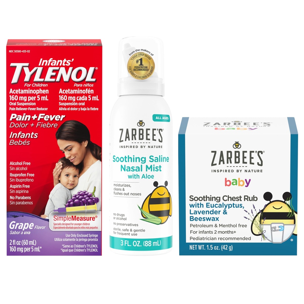 Tylenol und Zarbees Baby Essentials Bundle für Kleinkinder: Infants Acetaminophen Liquid Medicine, Zarbees Baby beruhigendes Nasenspray und Zarbees Baby beruhigendes Eucalyptus & Lavendar Chest Rub